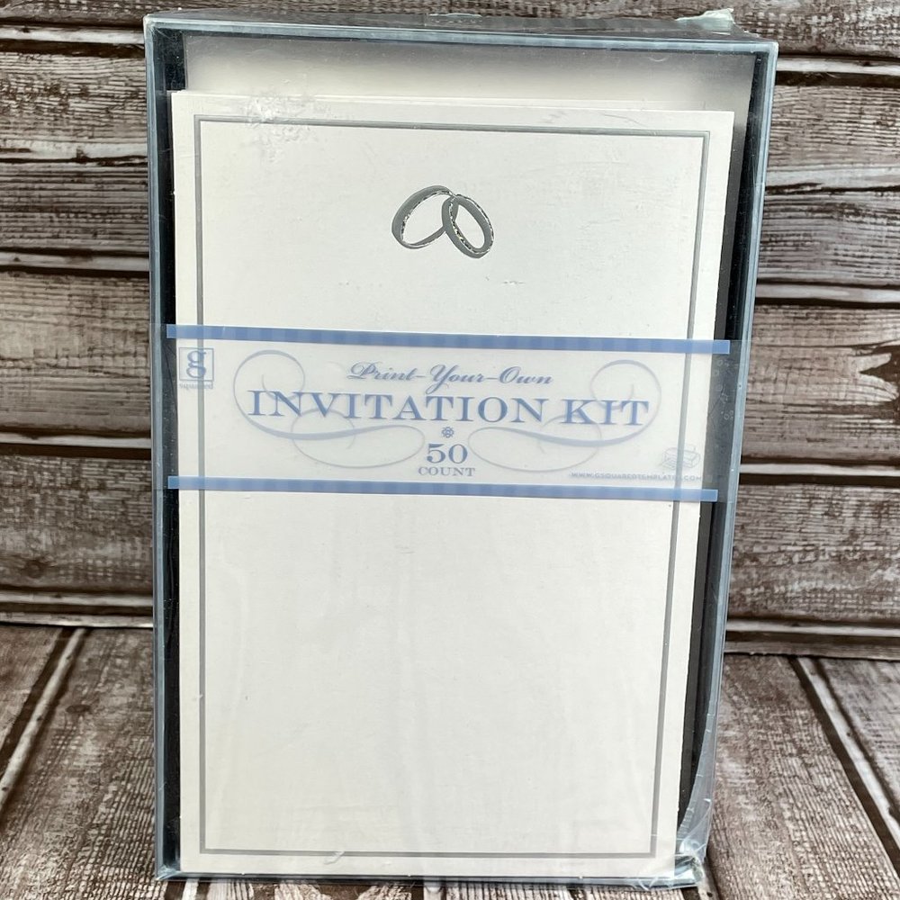 G SQUARED 50 Count Print Your Own Invitation Kit Silver Rings White NIB NEW
